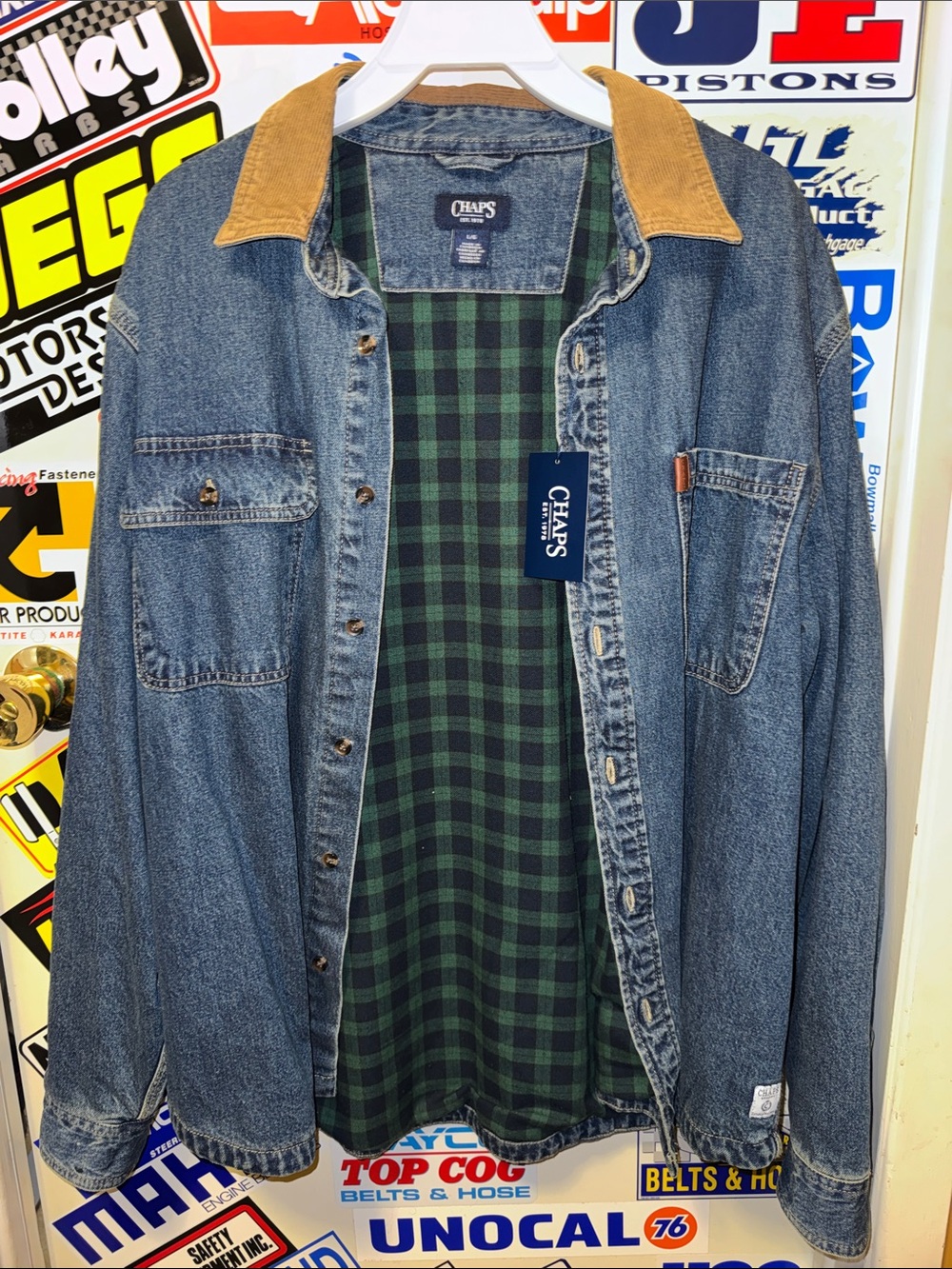 Chaps Denim Field Jacket with Tan Corduroy Collar & Green Plaid Lining